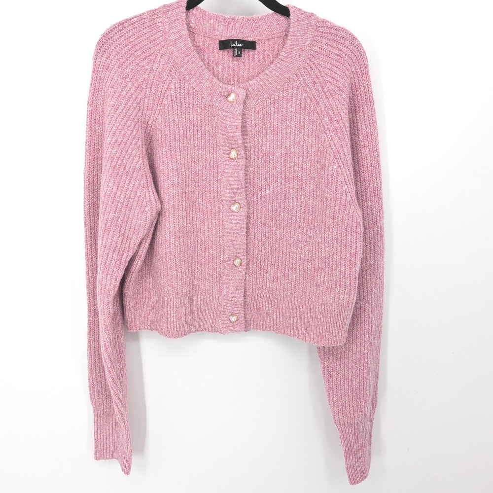 Lulus Wool Blend Cardigan Sweater Women Small Pink Pearl Heart Button Balletcore